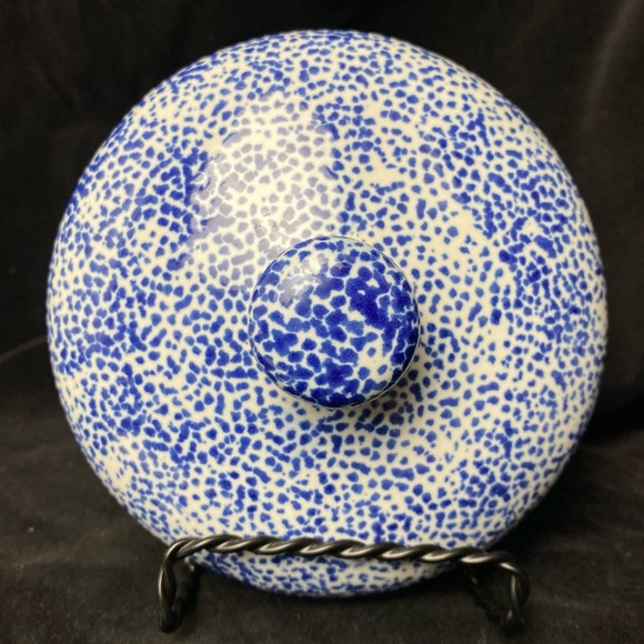 Vintage Heart Sponge Painted Blue & Red Ceramic/Stoneware Canister with Lid - Picture 3 of 16